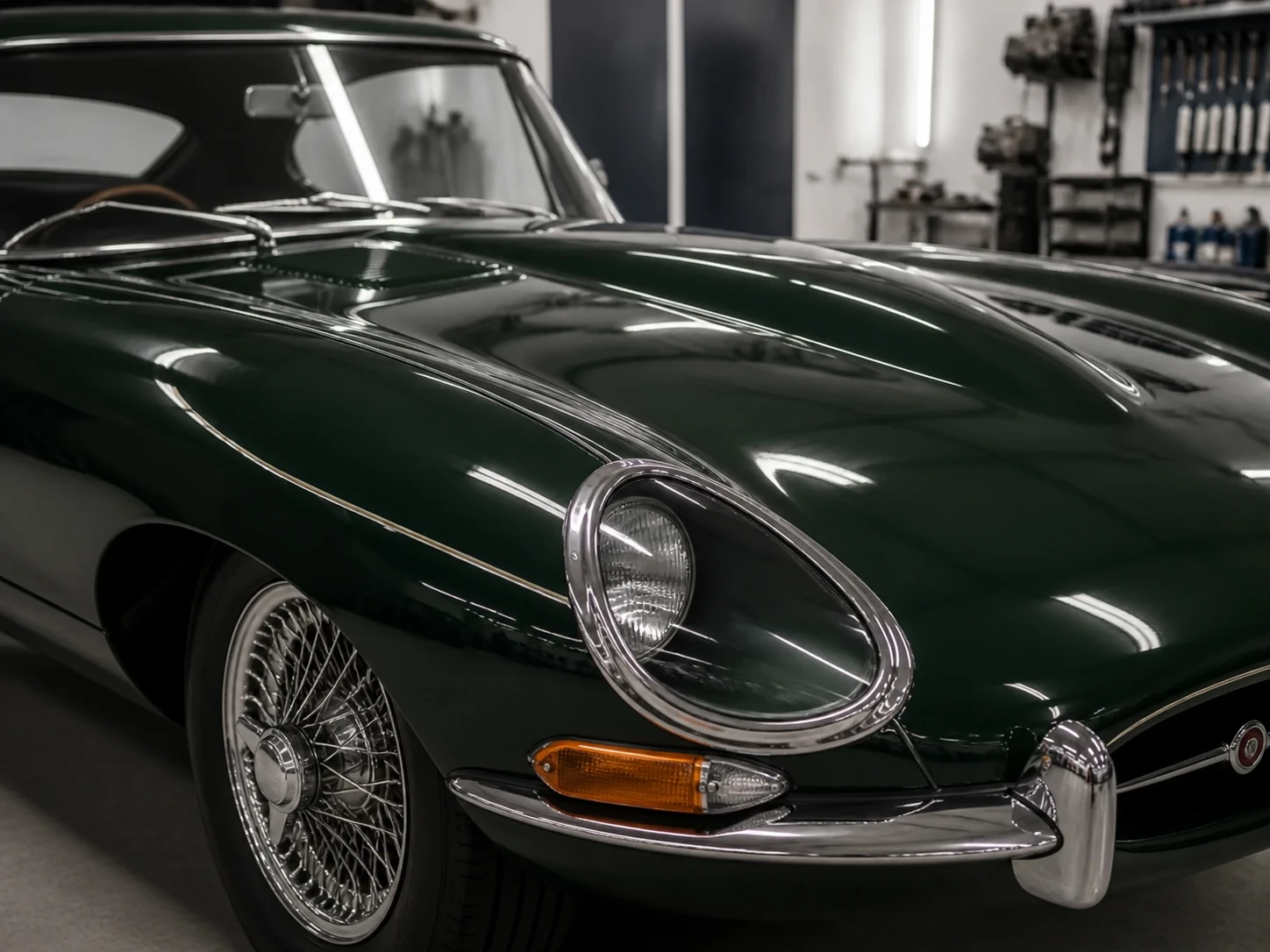 Detalhe do acabamento e do pinstriping de um Jaguar E-Type clássico